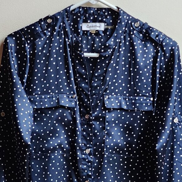 Calvin Klein Navy Polka Dot Button Down Shirt Size Petite Small - Picture 5 of 16